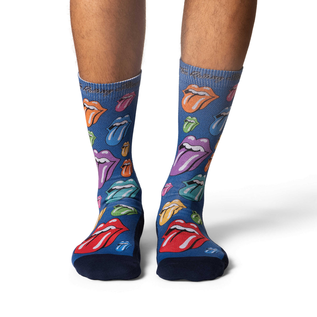 Men's The Rolling Stones, Rainbow Hot Lips on Blue Socks