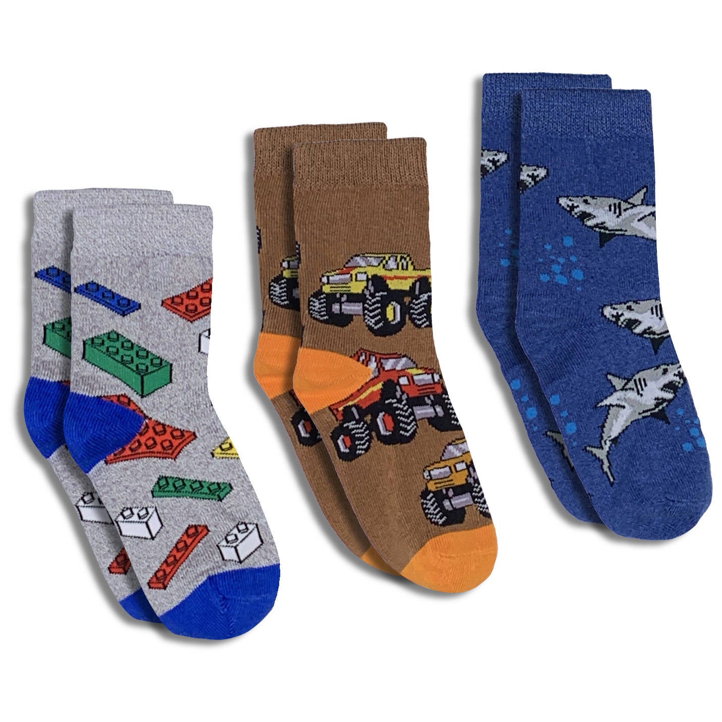 Building Blocks, Monster Trucks and Sharks Kids Socks – Good Luck Sock